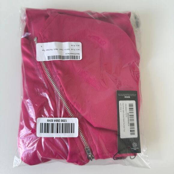 NWT PrettyLittleThing Hot Pink Satin Cowl Neck Ruched Top Size 4 - Picture 8 of 11